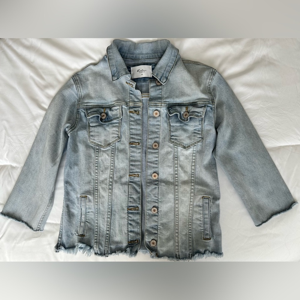 KanCan Distressed Raw Hem Denim Jacket- Light Wash XS